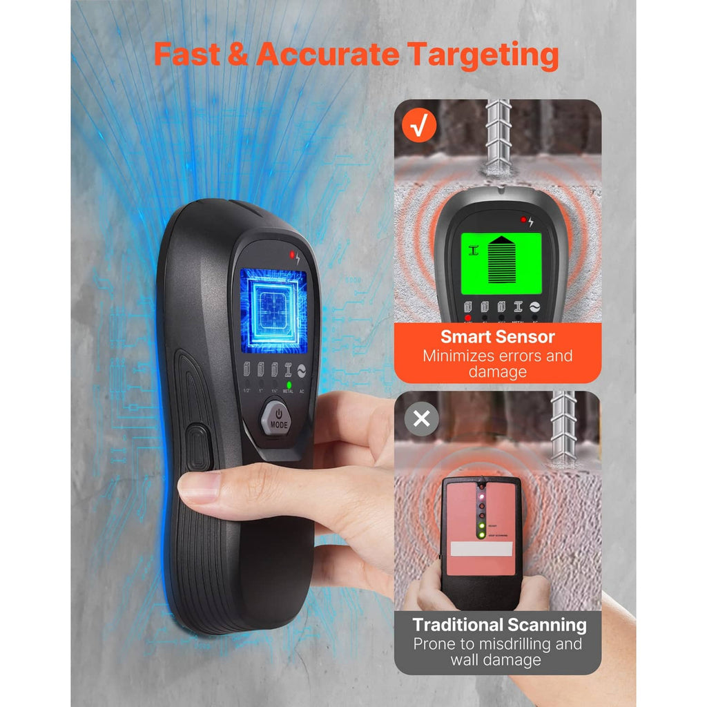 Handheld wall scanner with green LCD and target indicator ring for detection