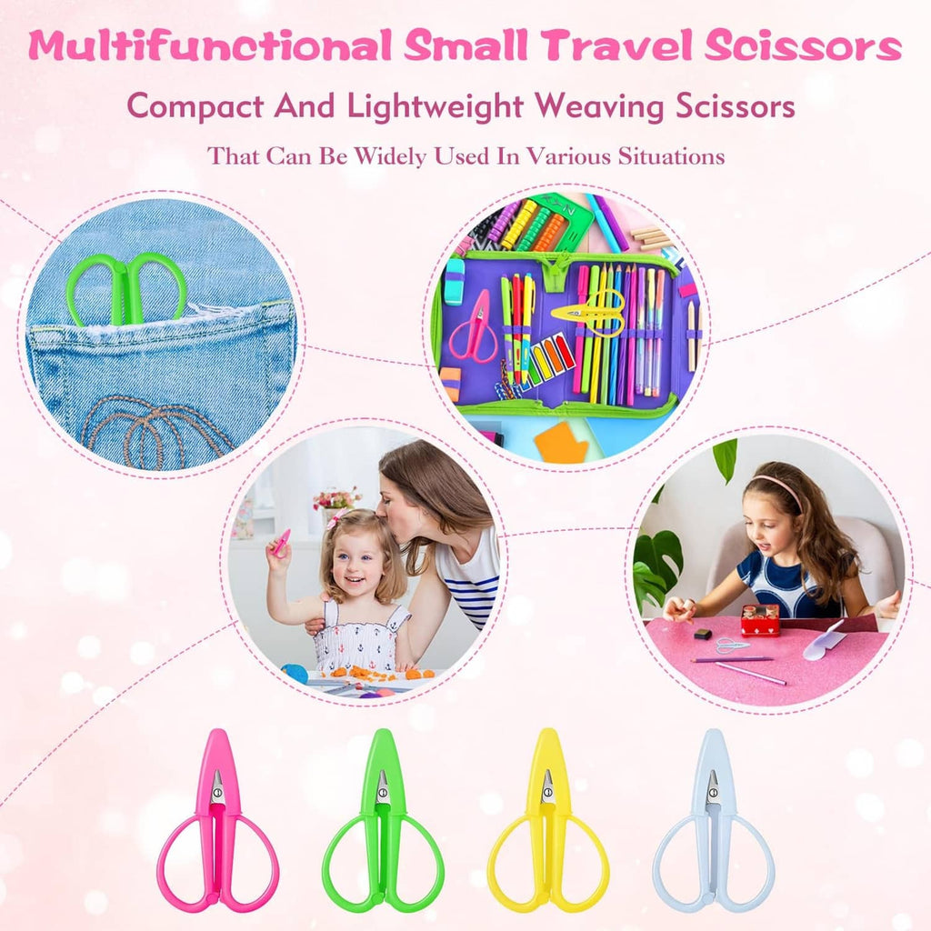 Multifunction small travel scissors set in pink, green, yellow, and gray