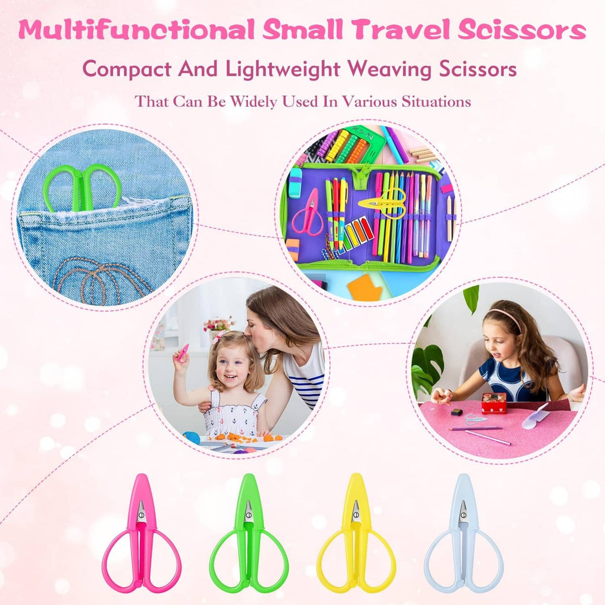 Multifunction small travel scissors set in pink, green, yellow, and gray