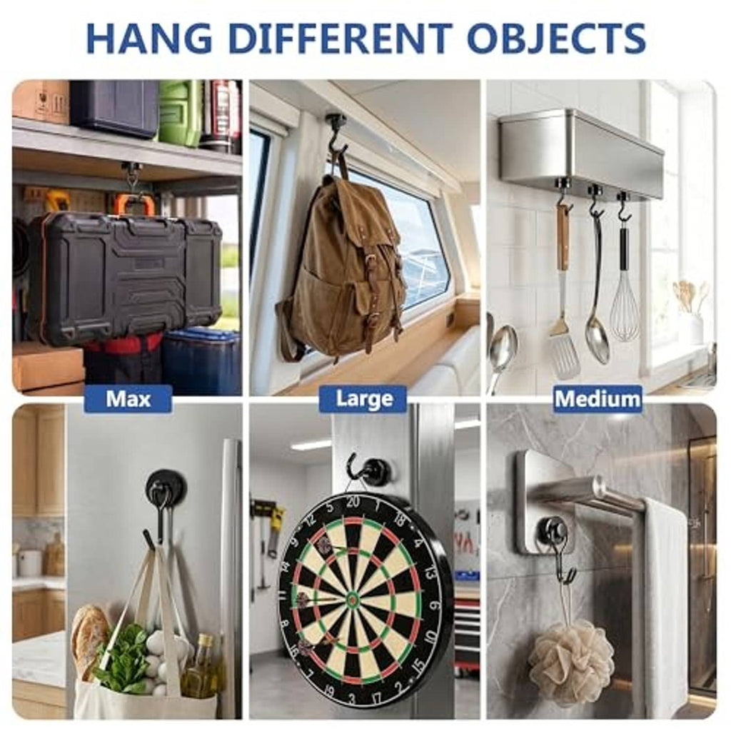 Black magnetic hook set with round bases and curved hooks, hanging multiple items