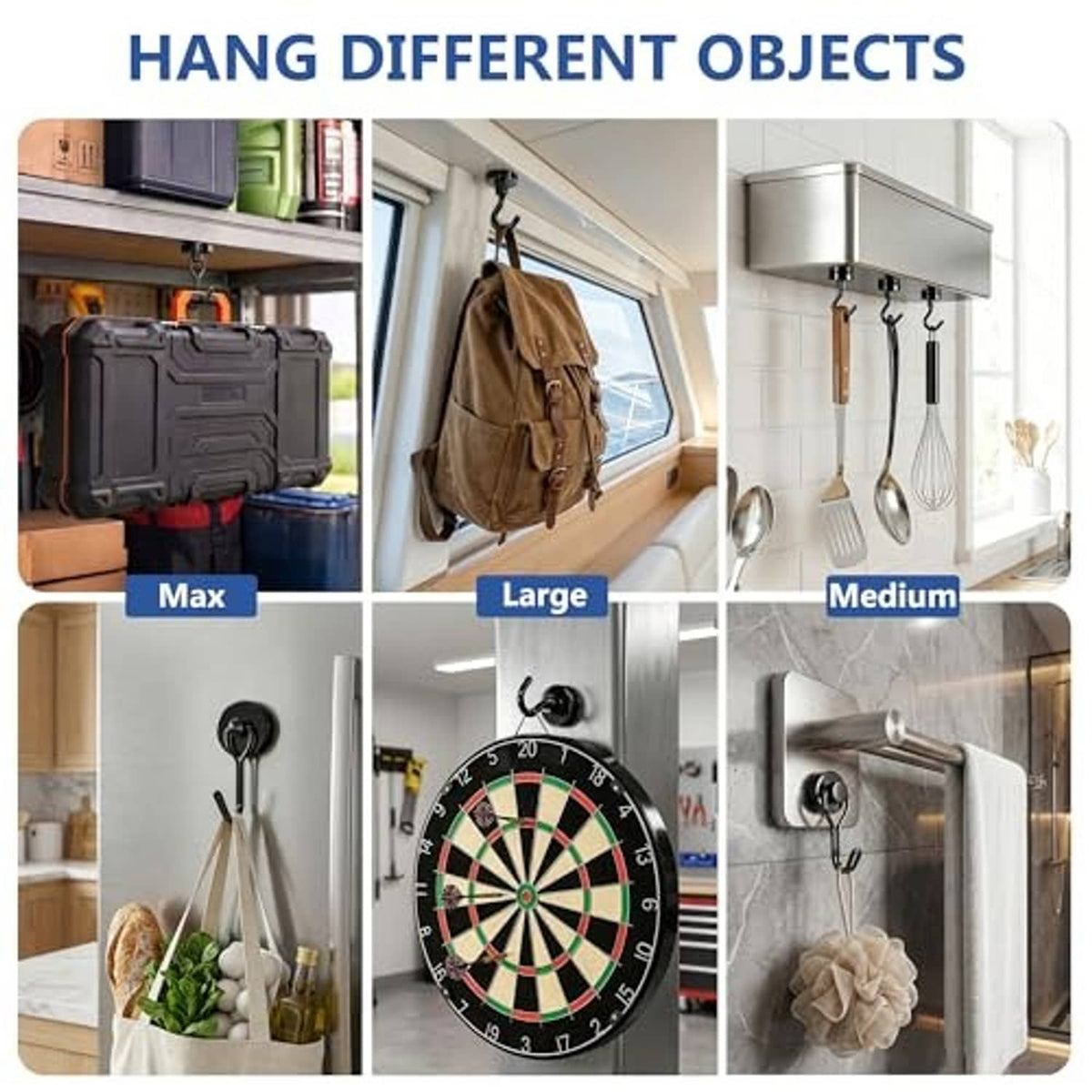 Black magnetic hook set with round bases and curved hooks, hanging multiple items