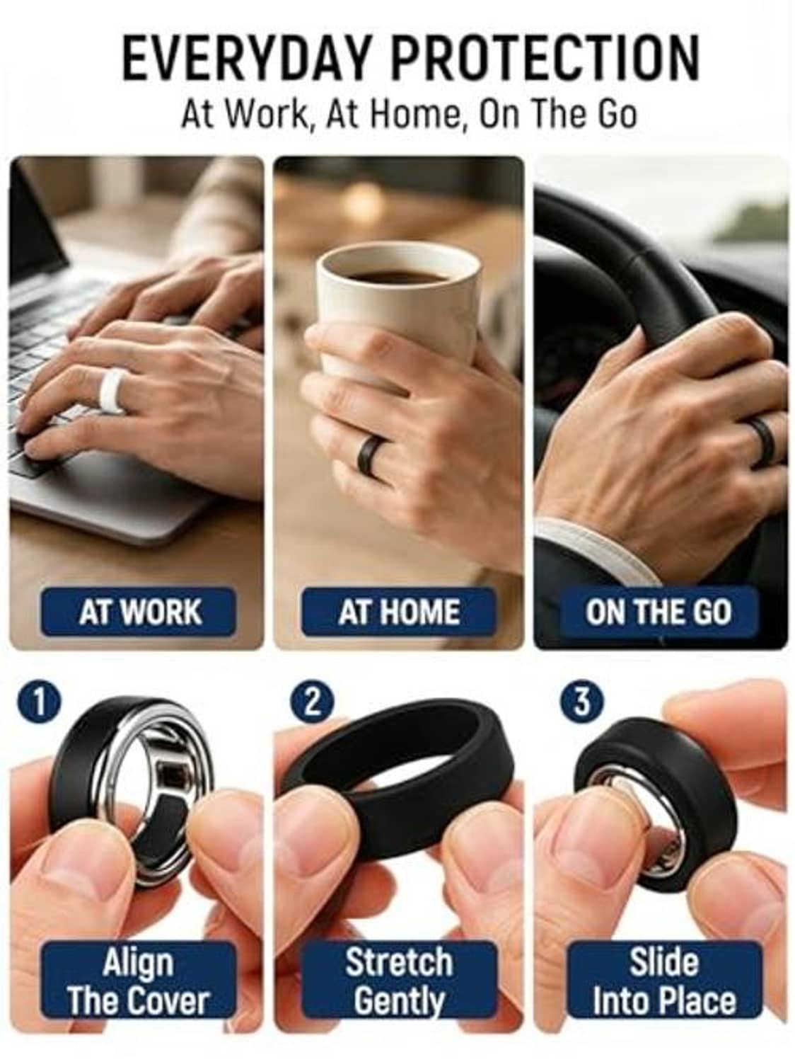 Black silicone ring cover sleeve installation steps with a smart ring