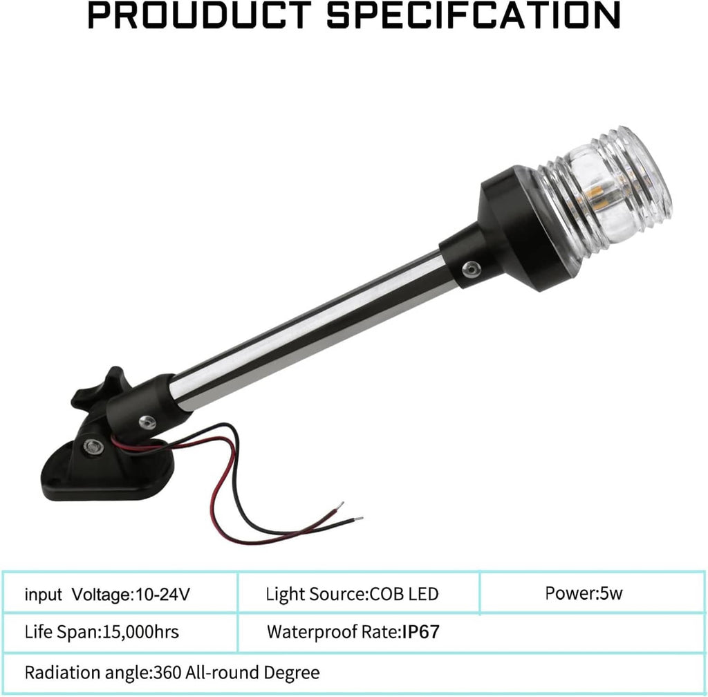 LED anchor light with clear lens, chrome stem, black base, and red/black wires