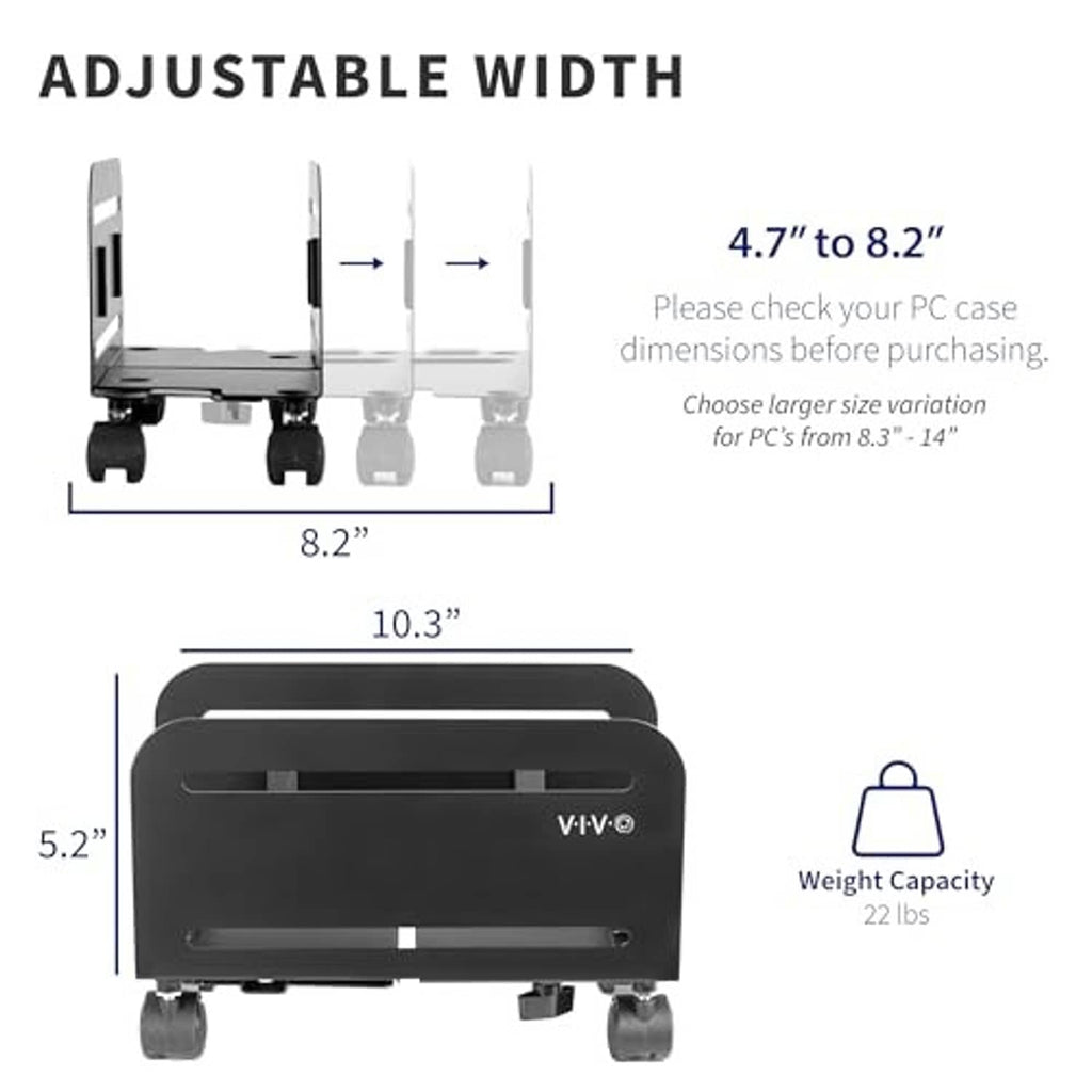 Black rolling PC stand cart with adjustable width and four caster feet