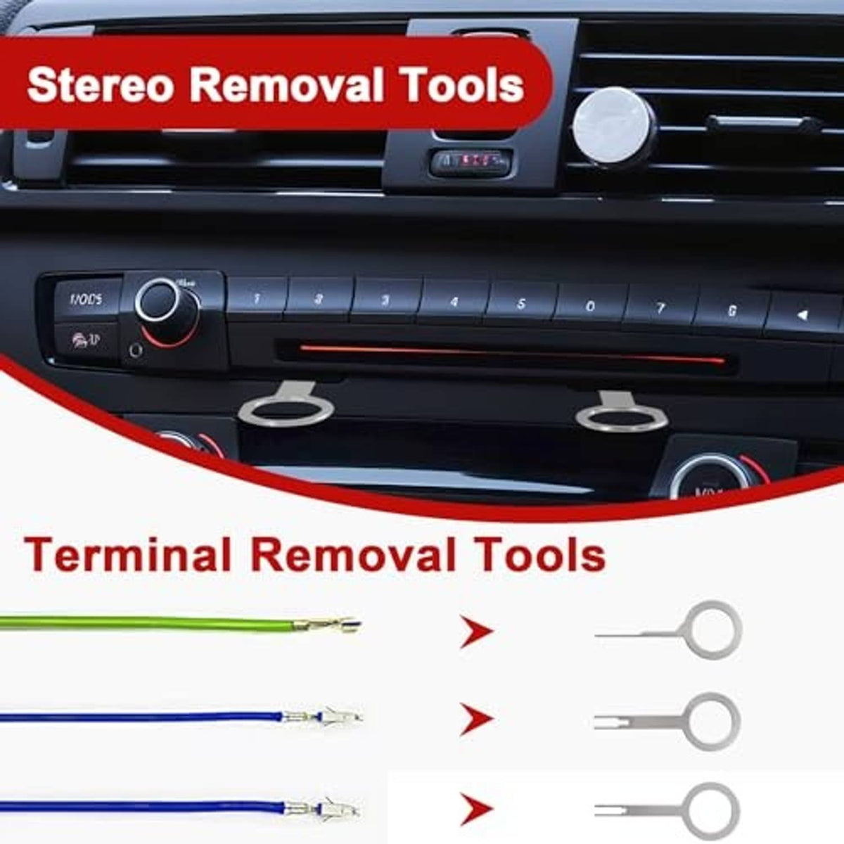 Stereo and terminal removal tools with metal pick ends and color-coded pins