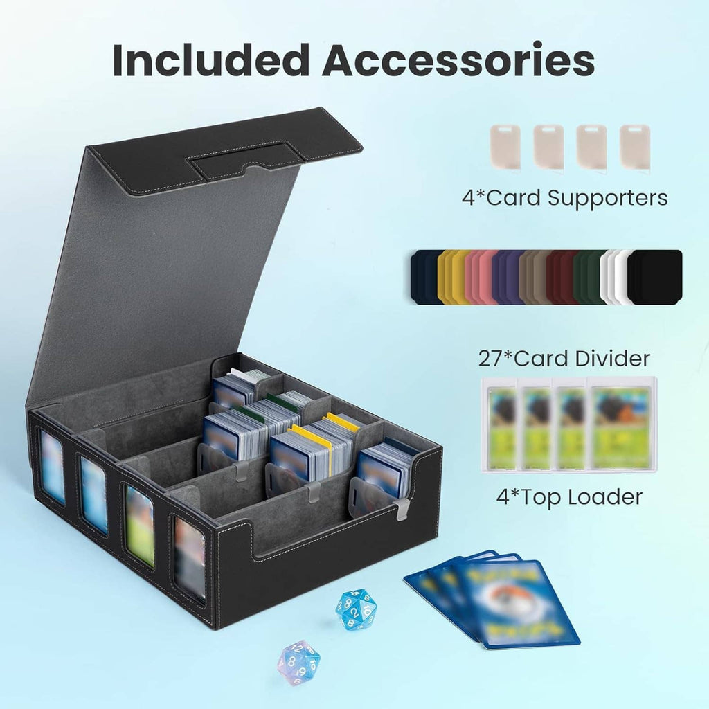 Black PU leather trading card storage case with included dividers, card supporters, and top loaders