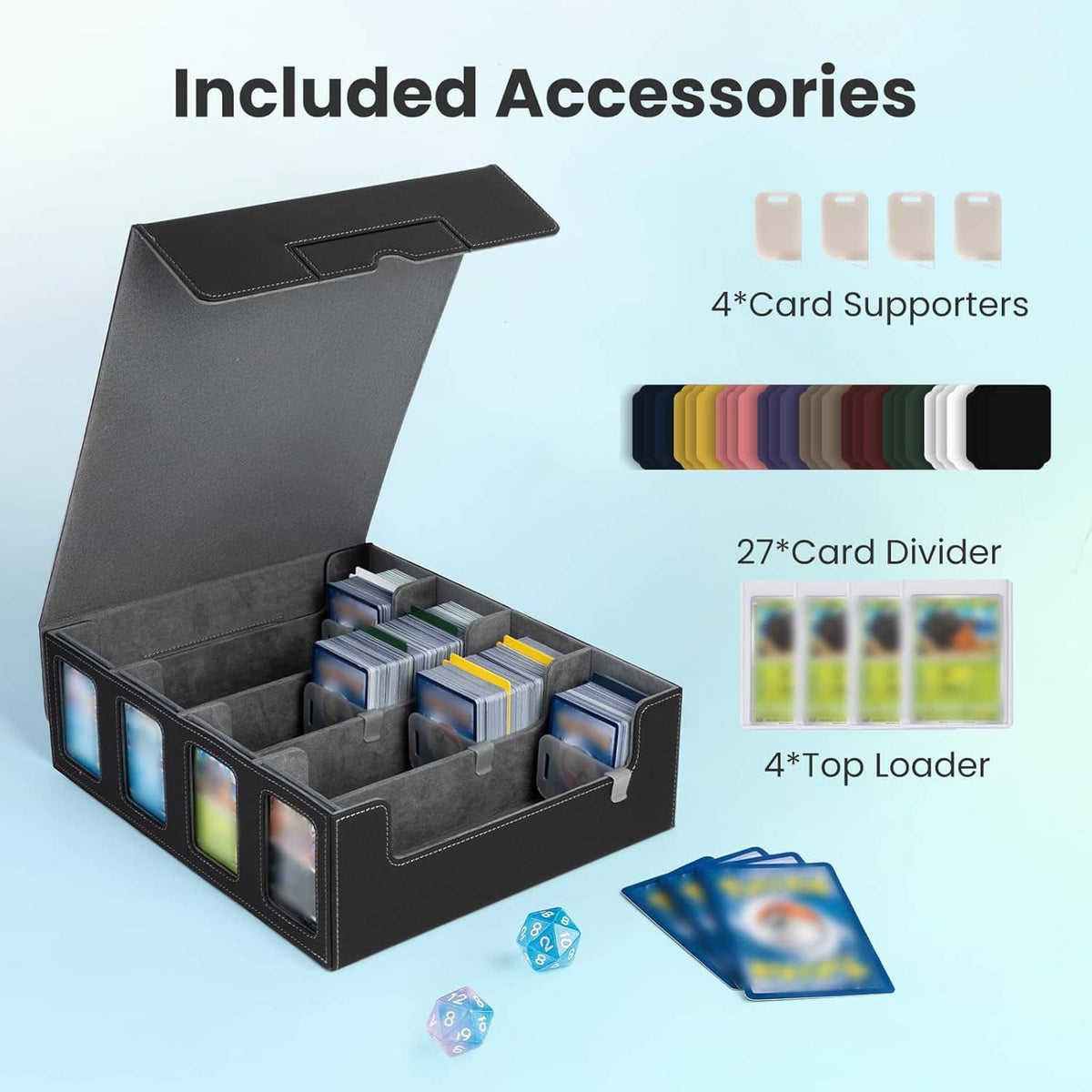 Black PU leather trading card storage case with included dividers, card supporters, and top loaders