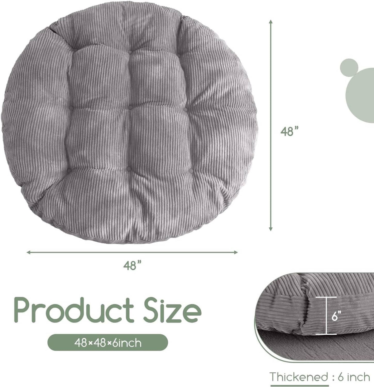 Gray round papasan cushion with corduroy cover and tufted square pattern, 48 in