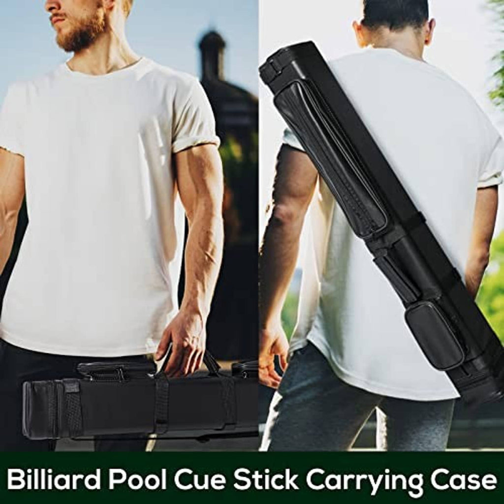 Black billiard cue carrying case worn crossbody by person, with long storage cover
