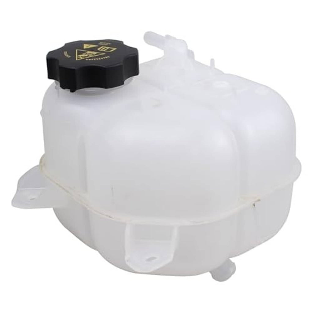 White coolant reservoir tank bottle with black cap, top handle and outlet spout