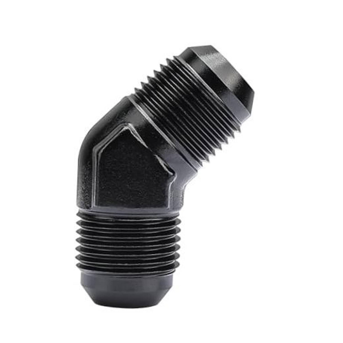 Black 45-degree AN male-to-male flare union elbow fitting with threaded ends