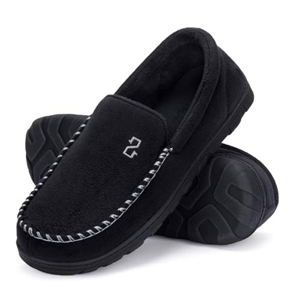 Black moccasin slippers with side stitch detail and cushioned insole