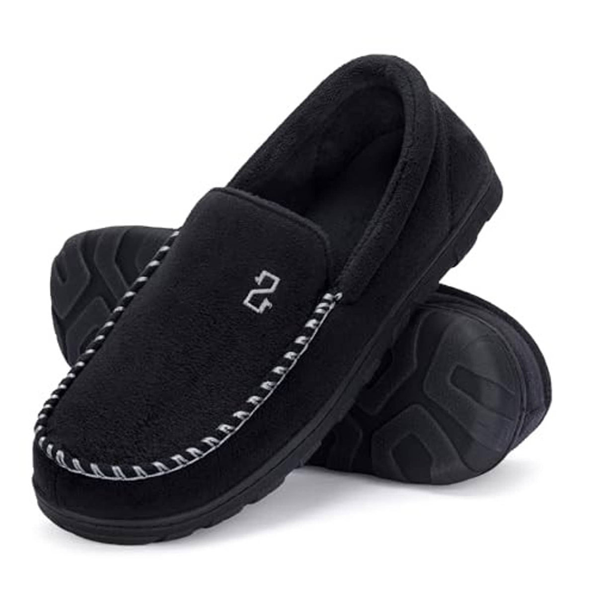 Black moccasin slippers with side stitch detail and cushioned insole