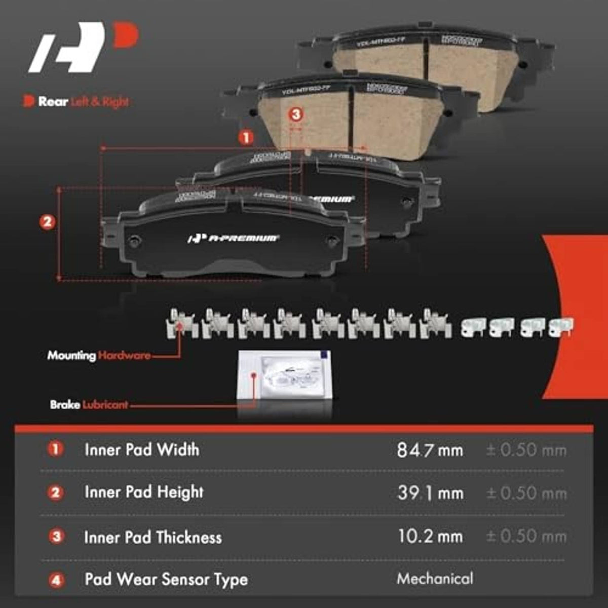 Rear ceramic brake pad set with beige friction pads and included mounting hardware