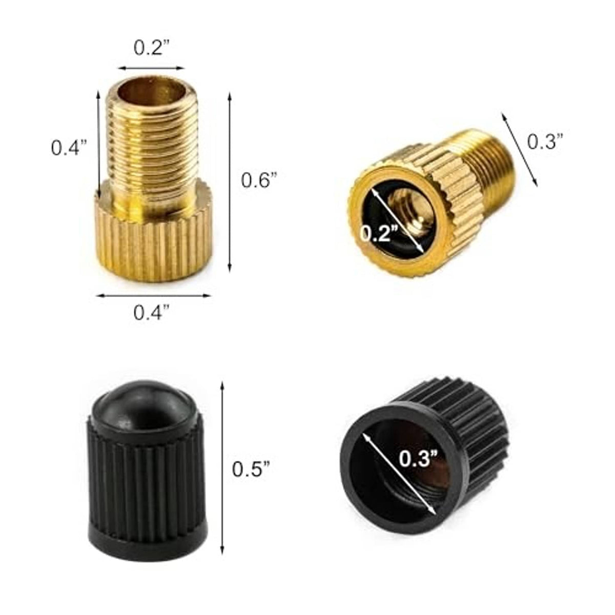 Brass and black valve adapters showing thread openings and compact size markings