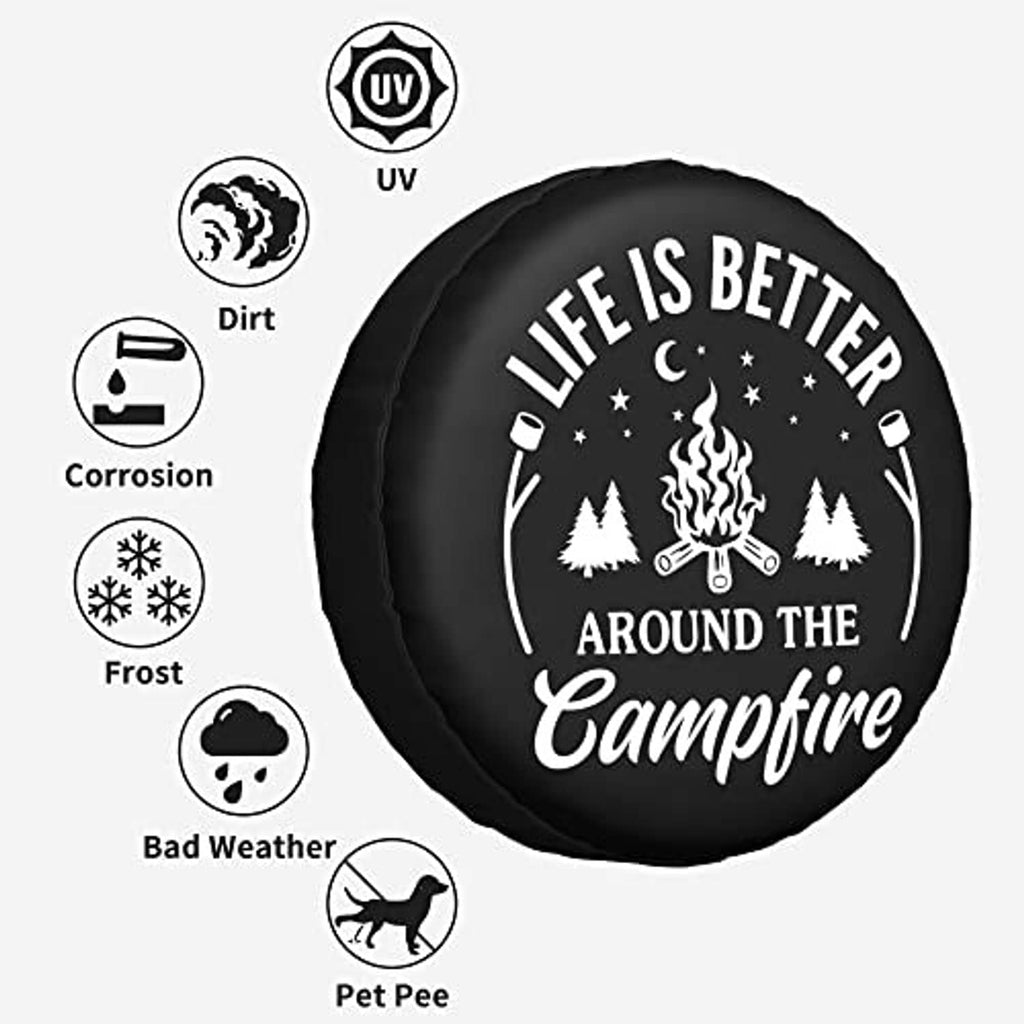 Black spare tire cover with protection icons: UV, dirt, corrosion, frost, bad weather