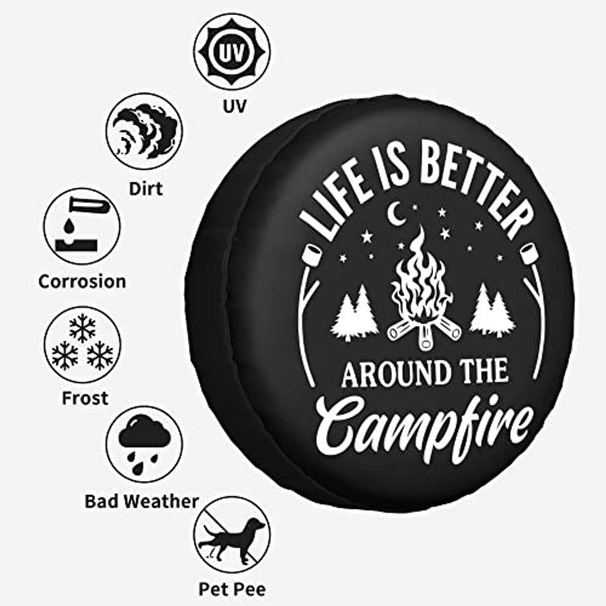 Black spare tire cover with protection icons: UV, dirt, corrosion, frost, bad weather