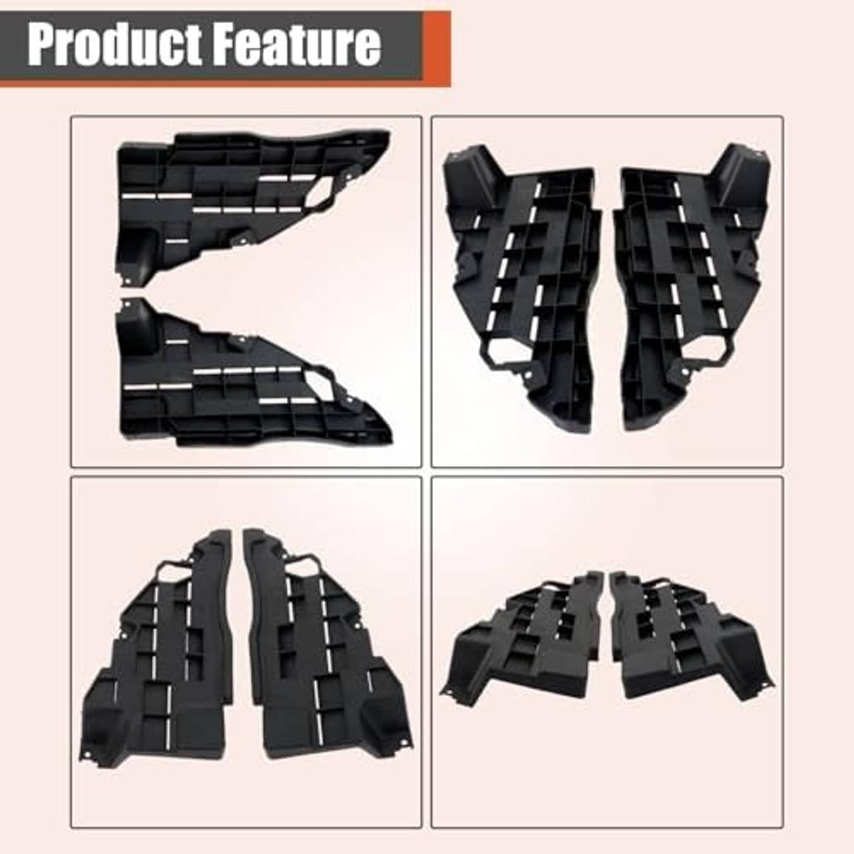 Black front bumper bracket set of 2, showing multiple views of left and right pieces
