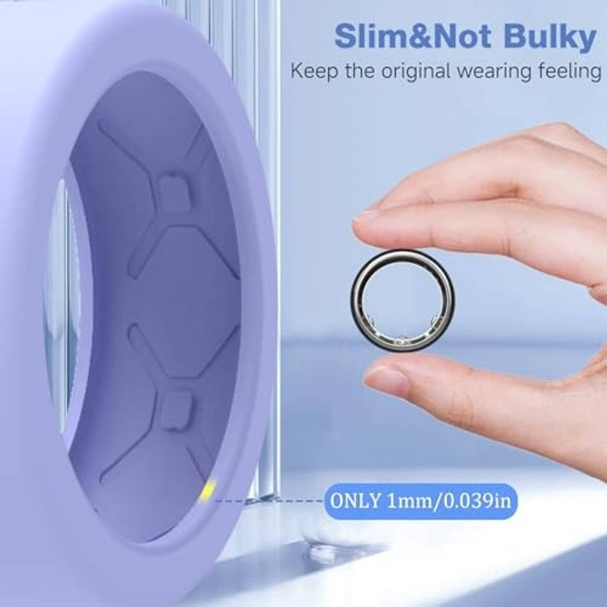 Slim purple Oura Ring M cover case with star-texture band and very thin profile