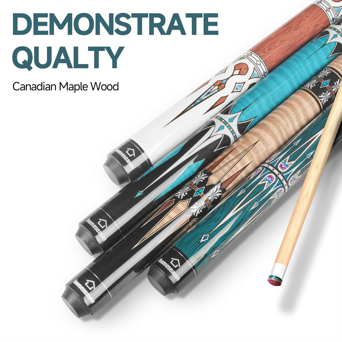 Pool cue sticks with teal inlay, patterned grip wrap, and light wood shafts
