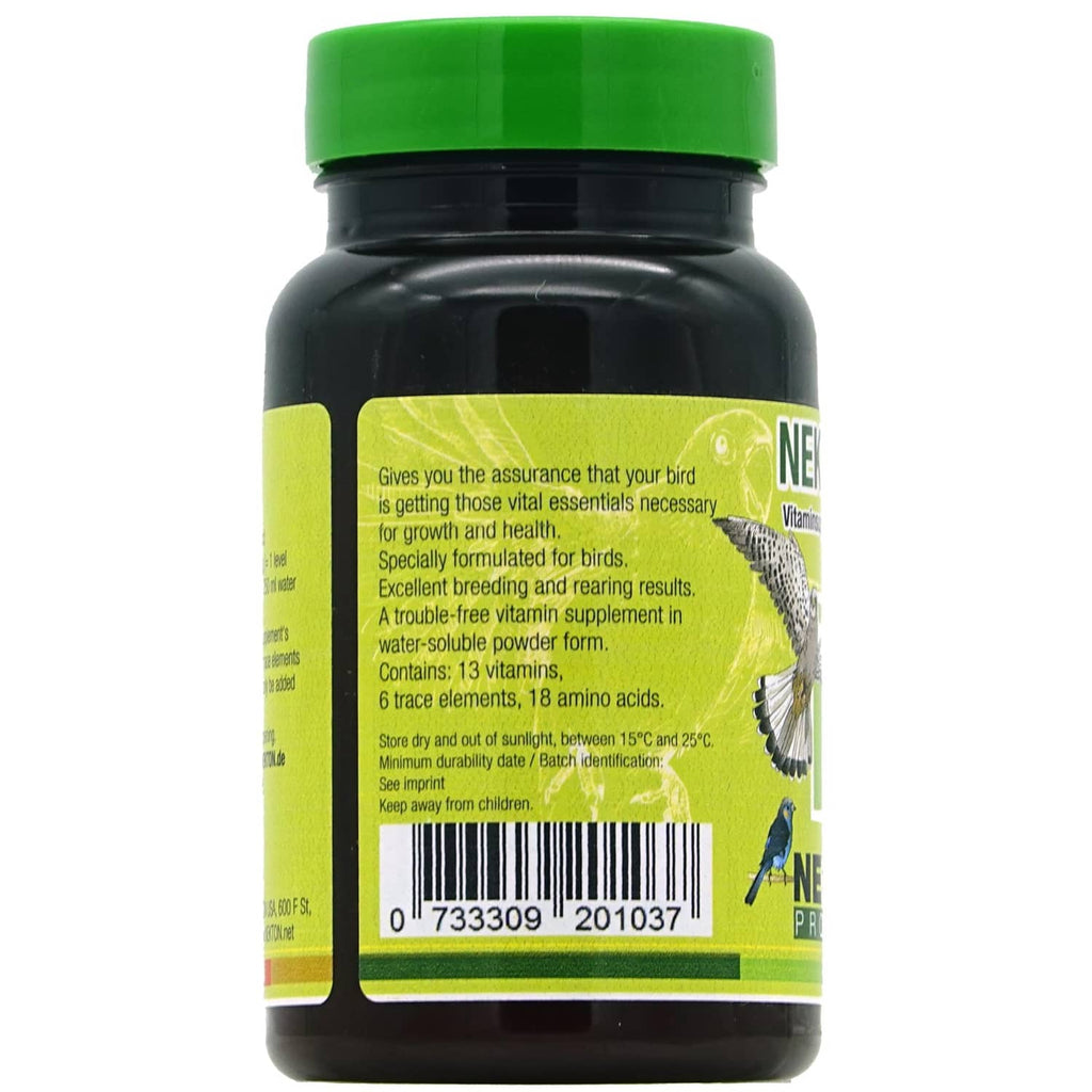 NEKTON-S bird multivitamin supplement bottle with barcode and feeding guidance