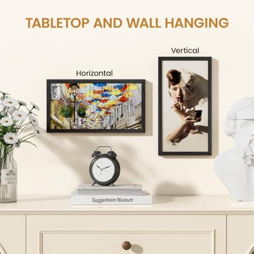 Black picture frame for tabletop or wall hanging, shown in horizontal and vertical use