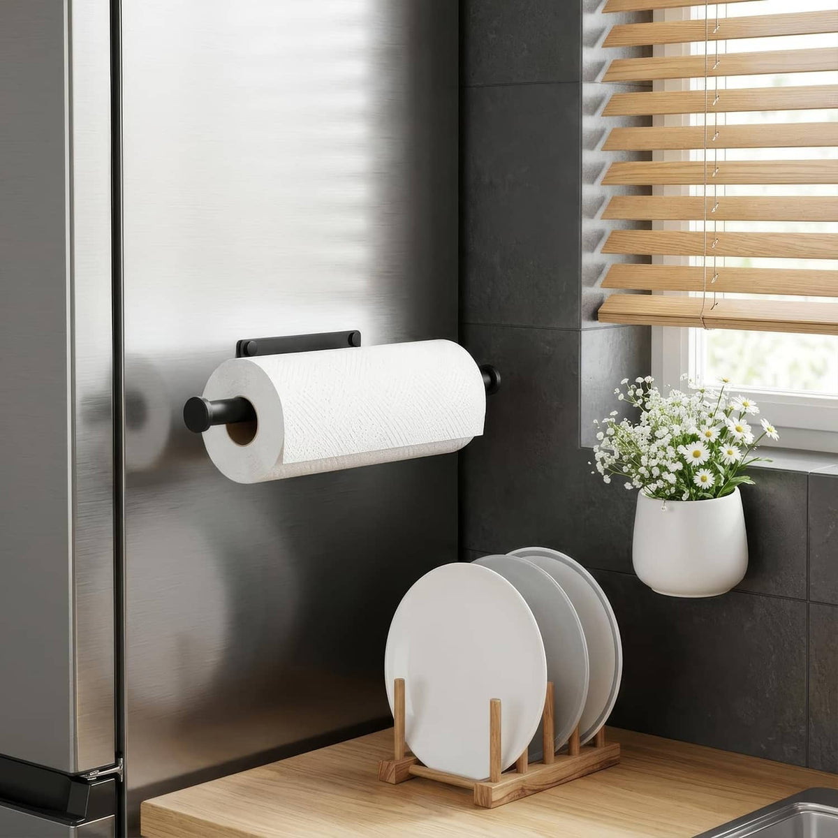 Black wall-mounted paper towel holder holding a white paper roll in a kitchen