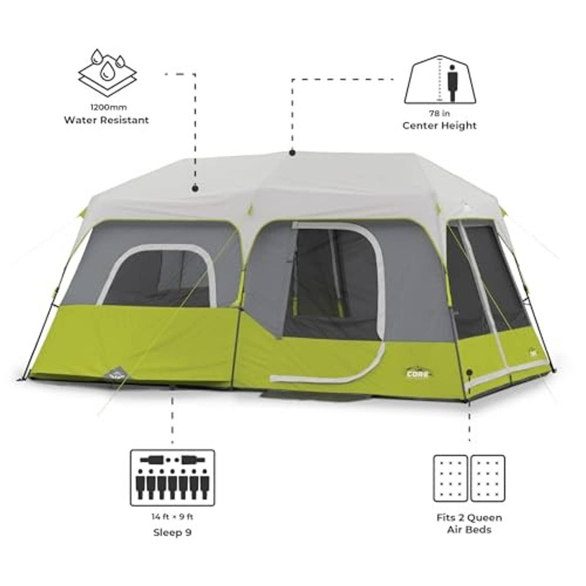 9-person instant cabin tent with green lower walls and gray upper rainfly