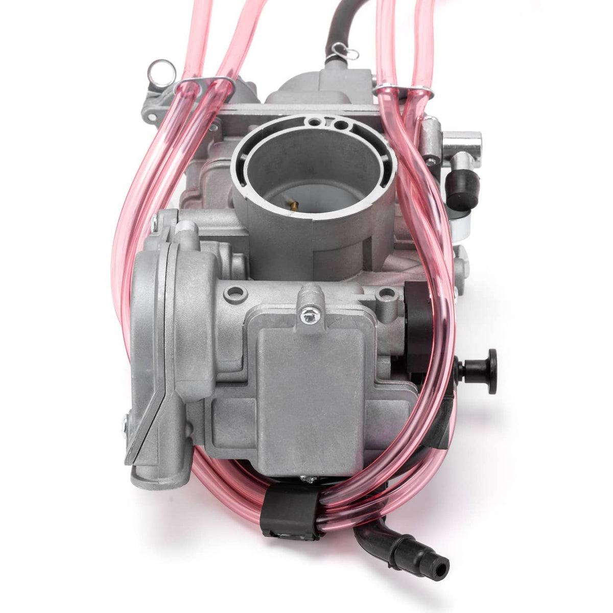 Carburetor body with circular intake opening and fuel hose connections