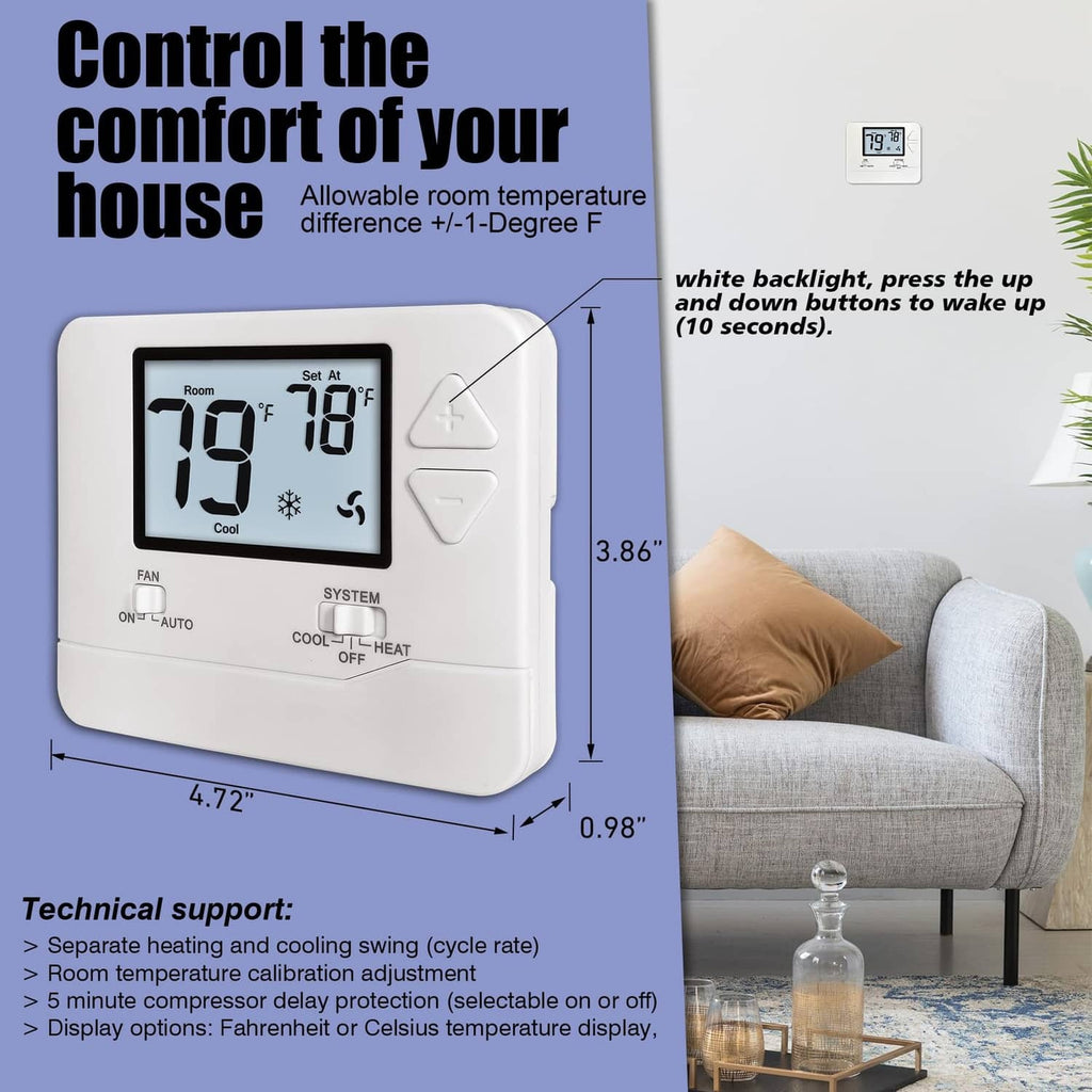 Heagstat H701 non-programmable thermostat, white, LCD readout and up/down buttons