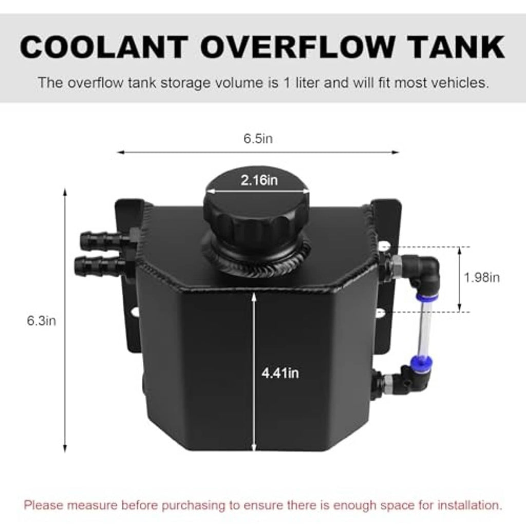 Black coolant overflow tank with top cap and hose ports, with mounting tabs on sides