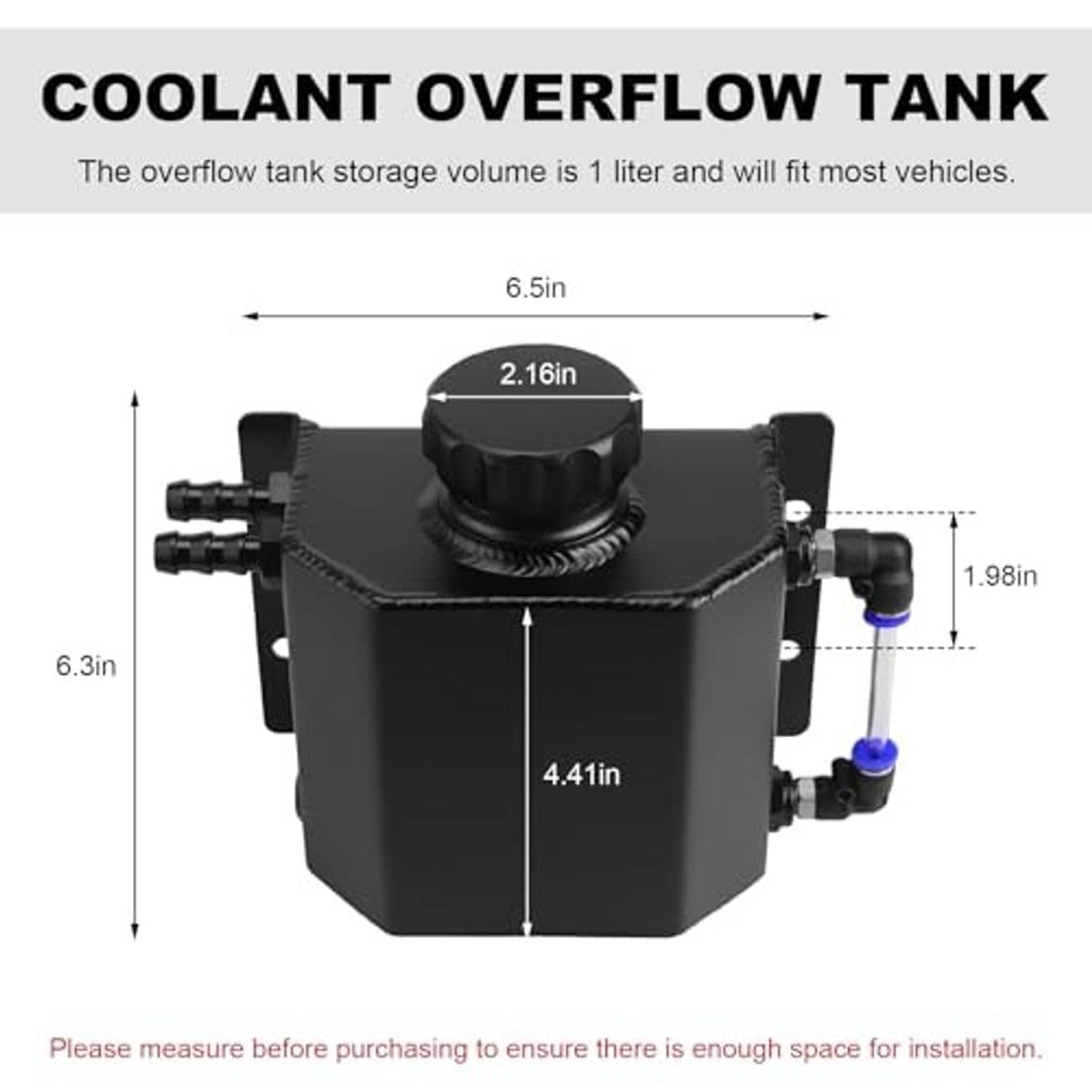 Black coolant overflow tank with top cap and hose ports, with mounting tabs on sides