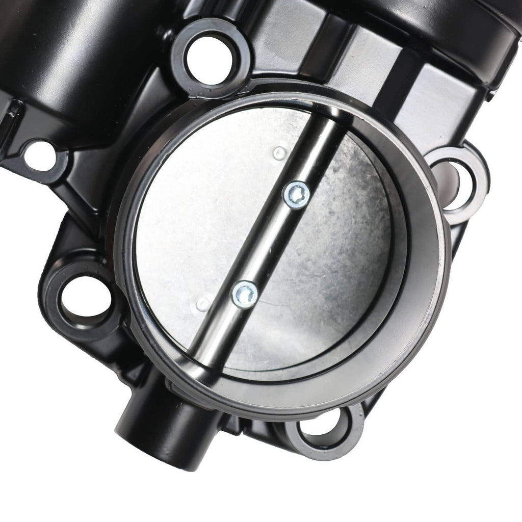 Throttle body assembly with circular housing and visible mounting holes