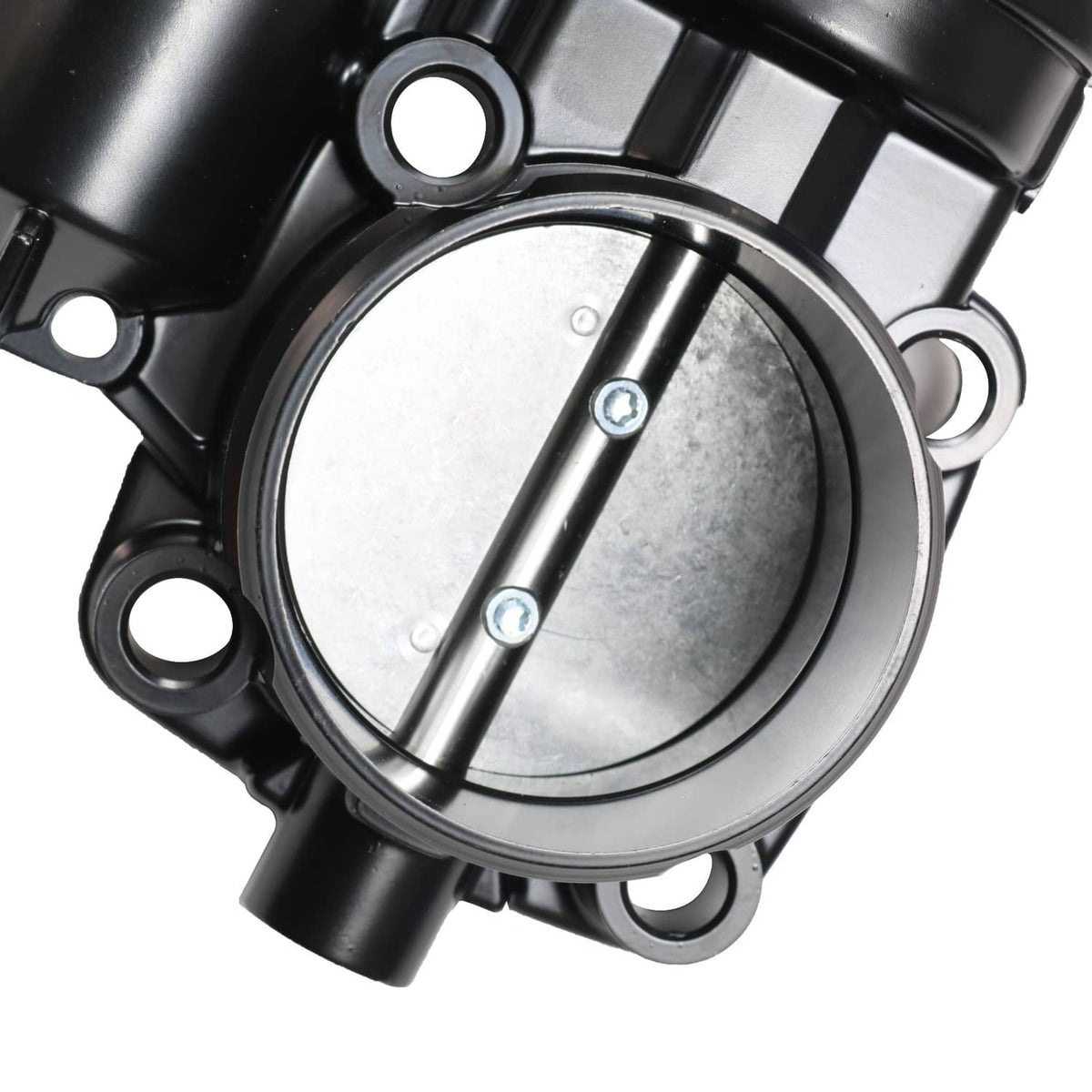 Throttle body assembly with circular housing and visible mounting holes