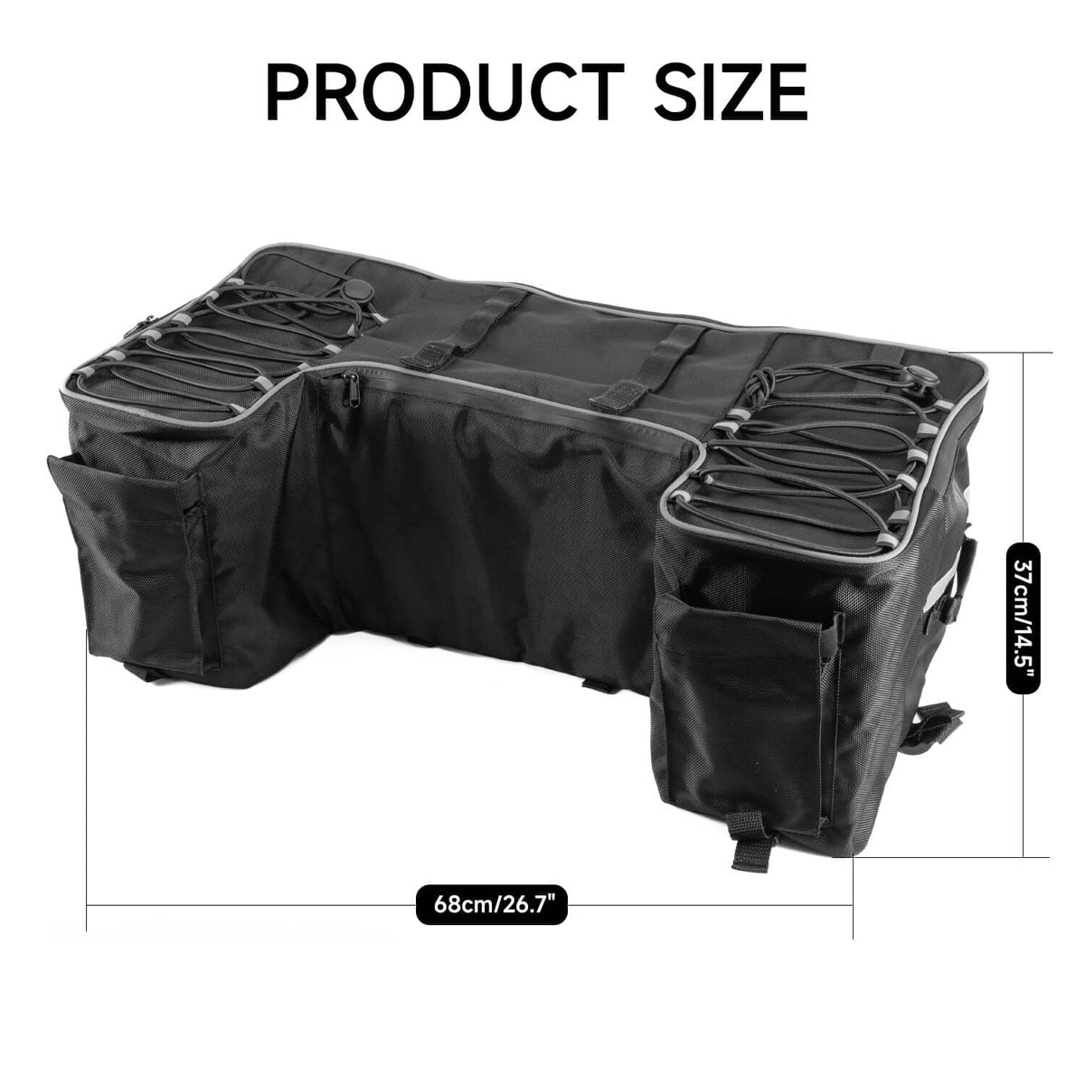 Black ATV rear rack storage bag with long frame and multiple side organizer sections