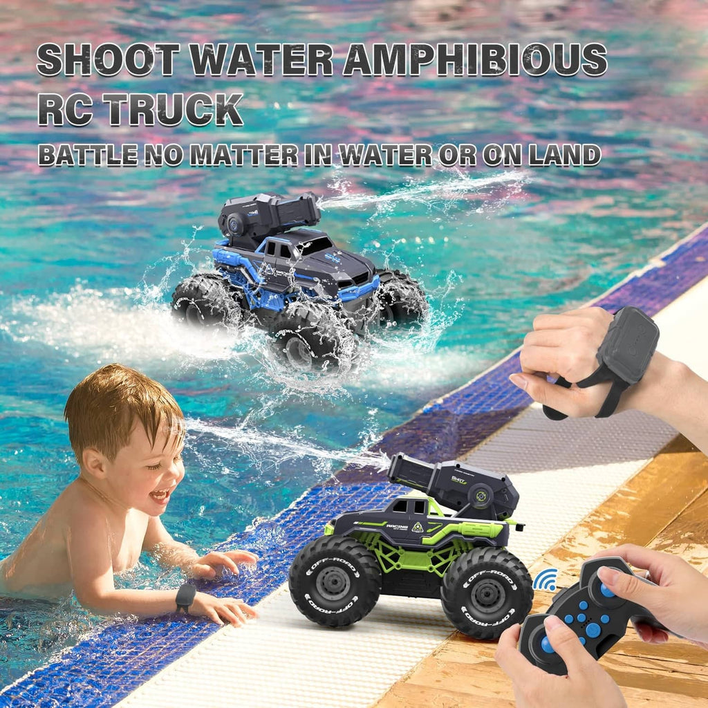Green and blue amphibious RC water-shooting truck with remote controller, driving on ramp