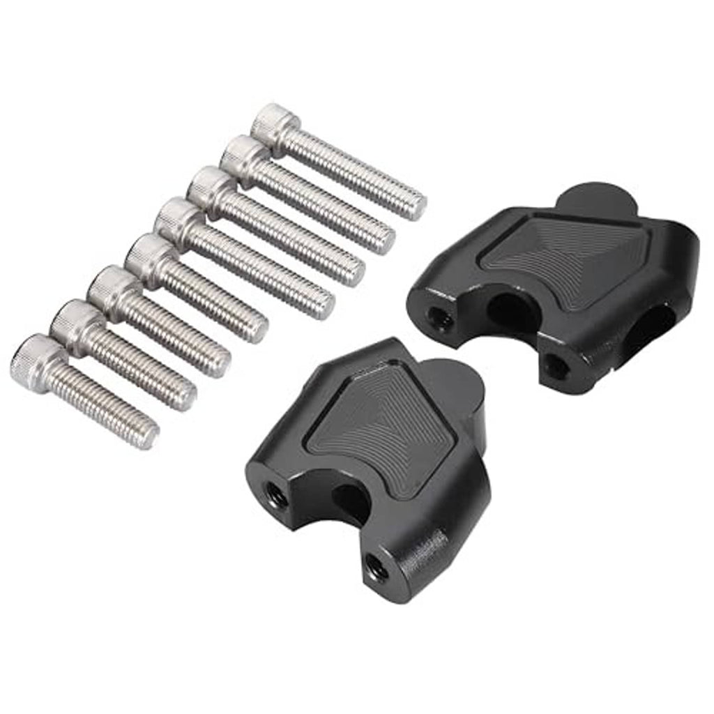 Pair of black CNC handlebar riser blocks with mounting bolts for adjustable height