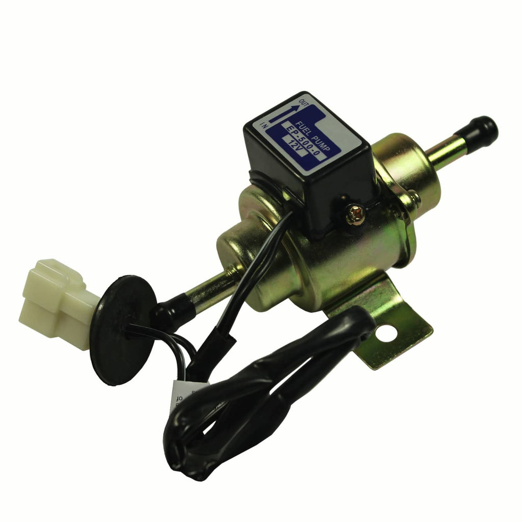 Electric fuel pump with gold canister, black module, and mounting bracket with wires