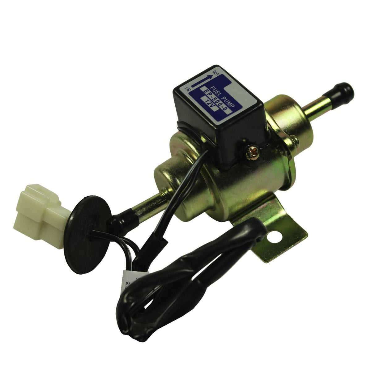 Electric fuel pump with gold canister, black module, and mounting bracket with wires