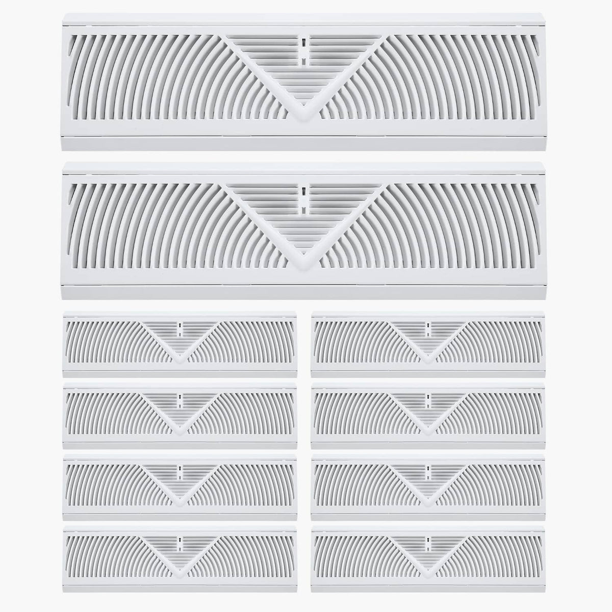 Set of white 18-inch HVAC floor register vents, 10-pack with matching louvered grilles