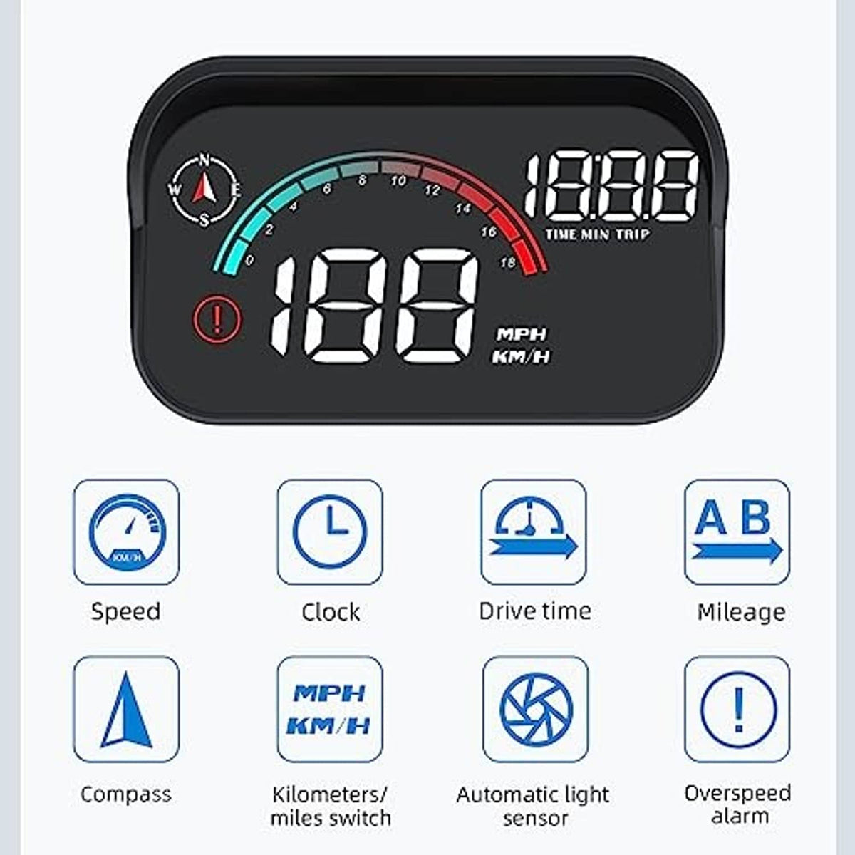 HUD speed display gauge with icon controls for speed, clock, drive time, and mileage