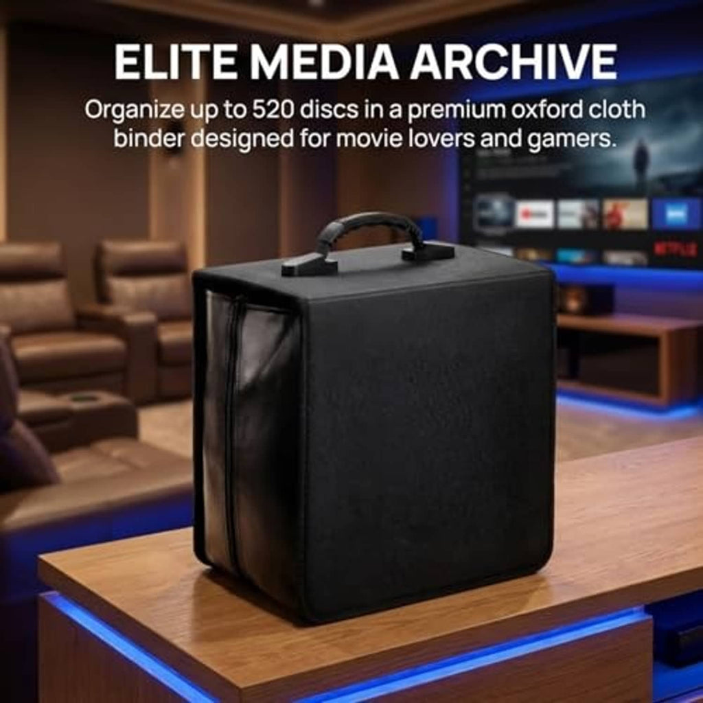 Black CD/DVD binder storage case with top carry handle and zipper closure