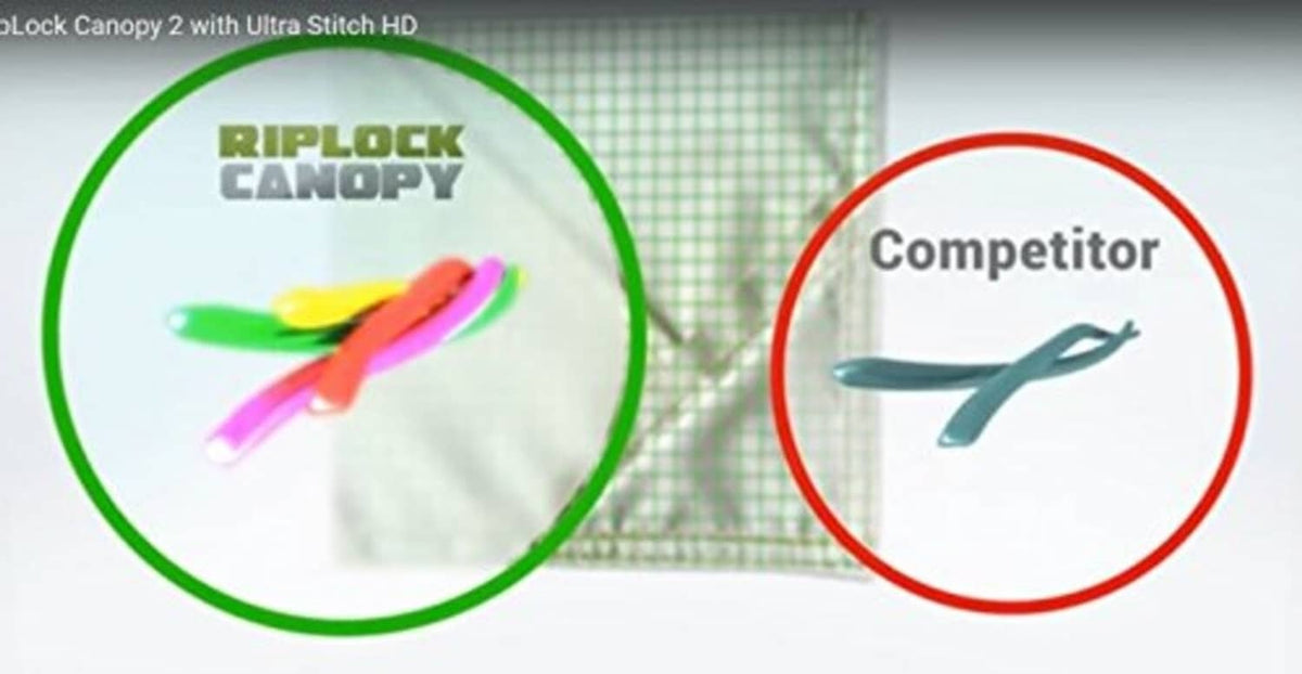 Riplock canopy fabric graphic with airflow and competitor comparison icons