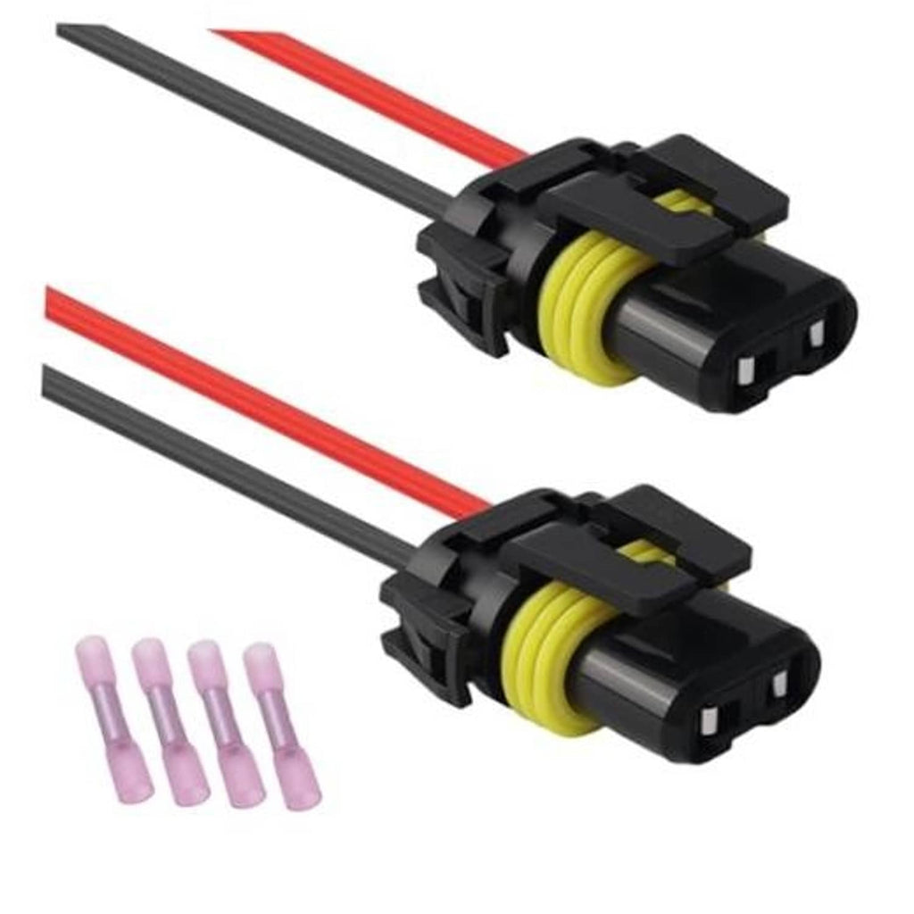 Pair of headlight/fog light wiring harness sockets, red/black wires, purple connector pins