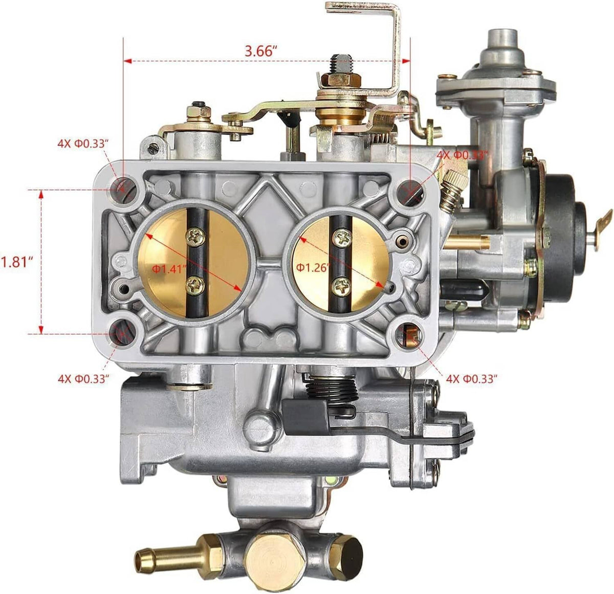 Two-barrel carburetor with front face showing two bores and mounting screws