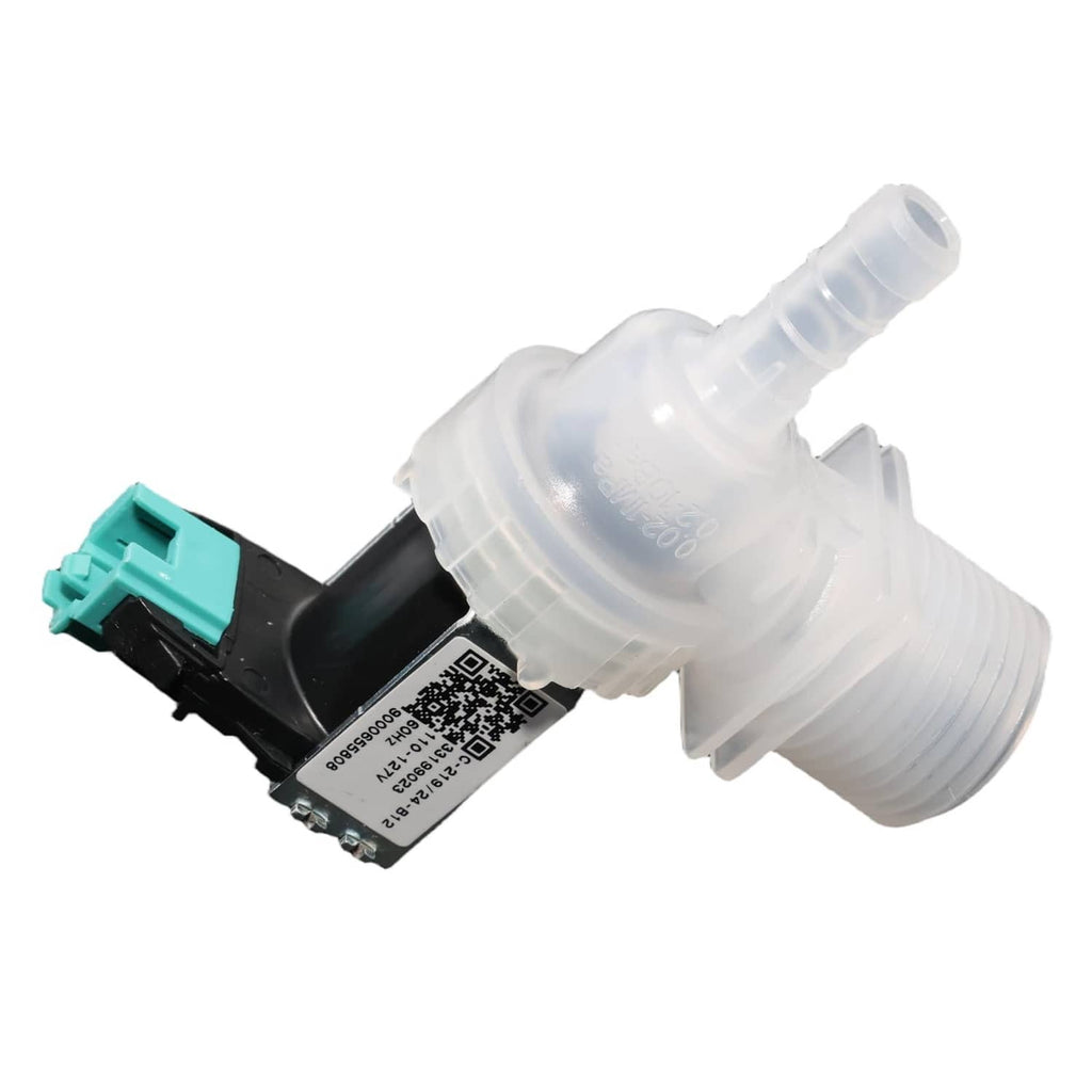 White dishwasher water inlet valve with teal connector and black electrical housing