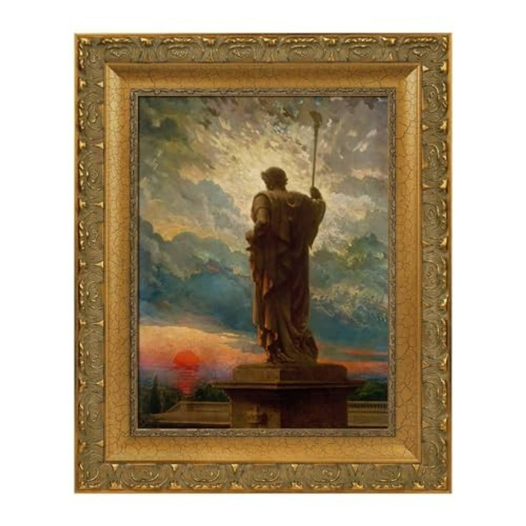 Front view of ornate gold picture frame with central classical statue scene