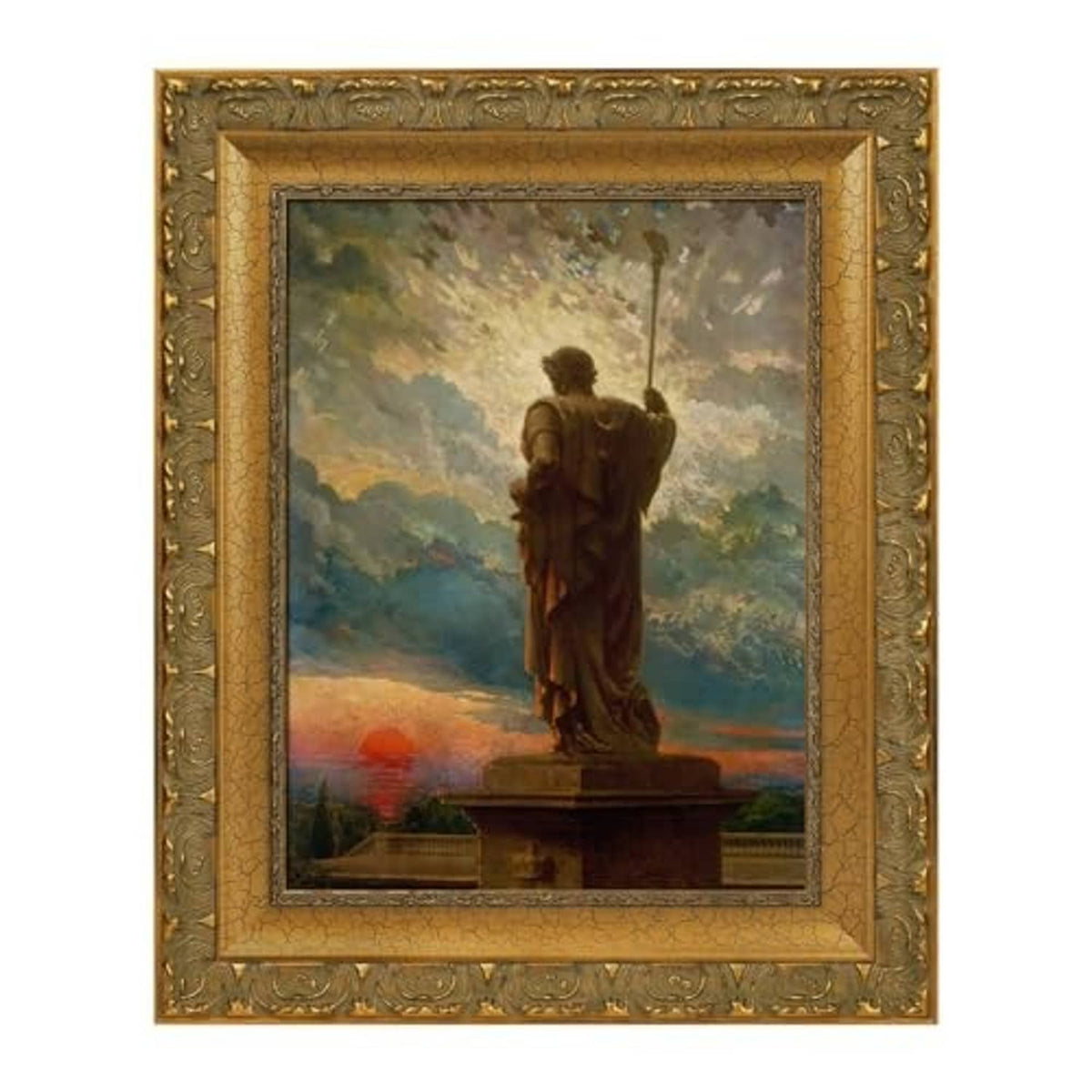 Front view of ornate gold picture frame with central classical statue scene