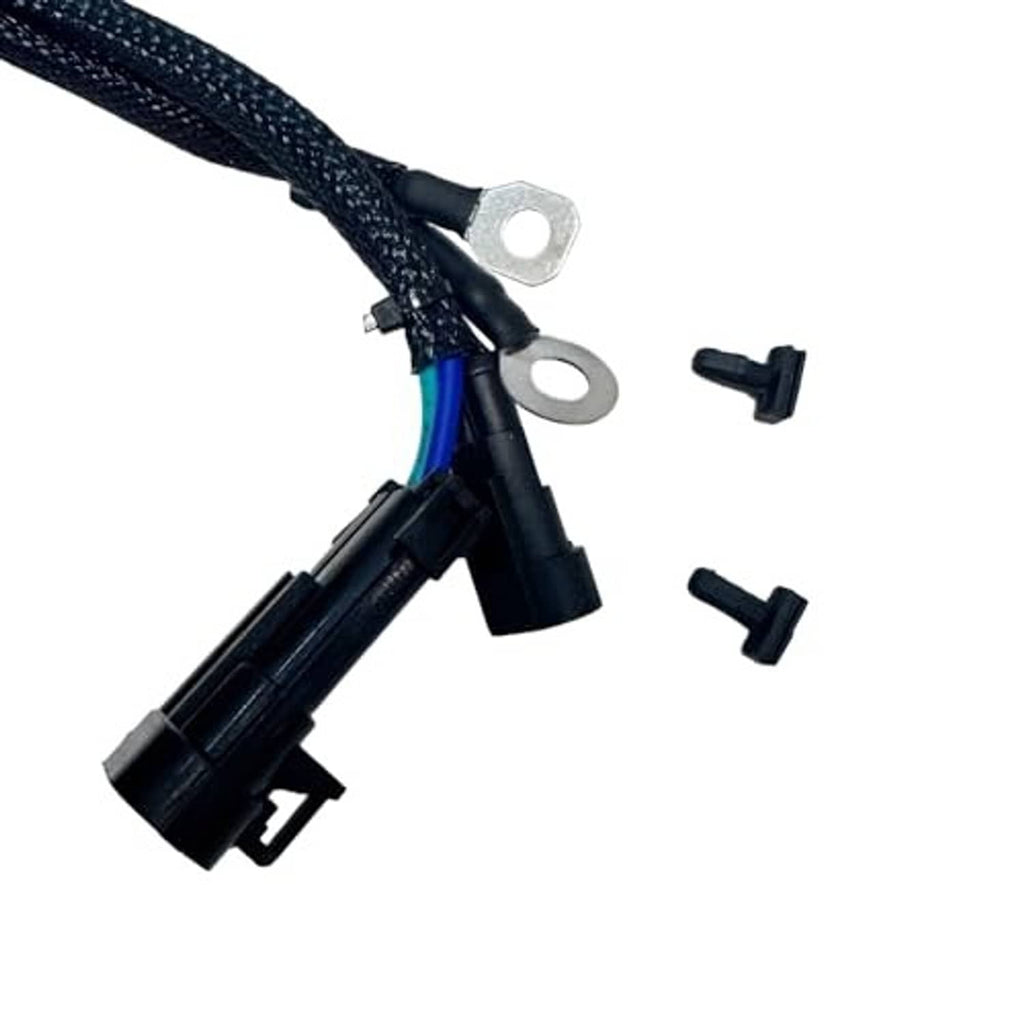 Tilt trim relay wiring harness with braided cable, black terminals, and mounting clips