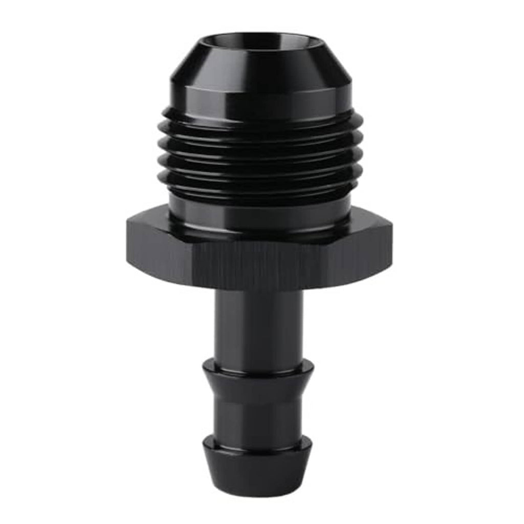 Black AN-to-hose barb straight adapter with male threads and barbed 3/8 hose connection
